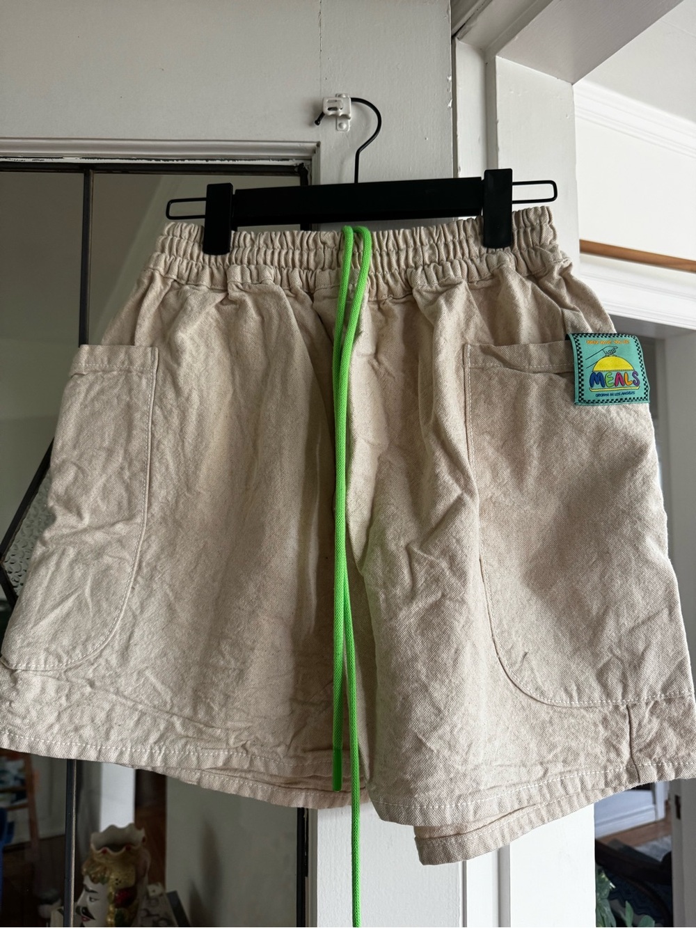 MEALS chef short ~ Cream High-Waist unisex Shorts with Neon Green Drawcord.